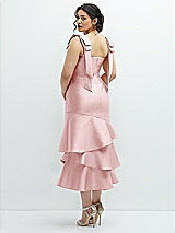 Front View Thumbnail - Ballet Pink Bow-Shoulder Satin Midi Dress with Asymmetrical Tiered Skirt