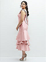 Side View Thumbnail - Ballet Pink Bow-Shoulder Satin Midi Dress with Asymmetrical Tiered Skirt