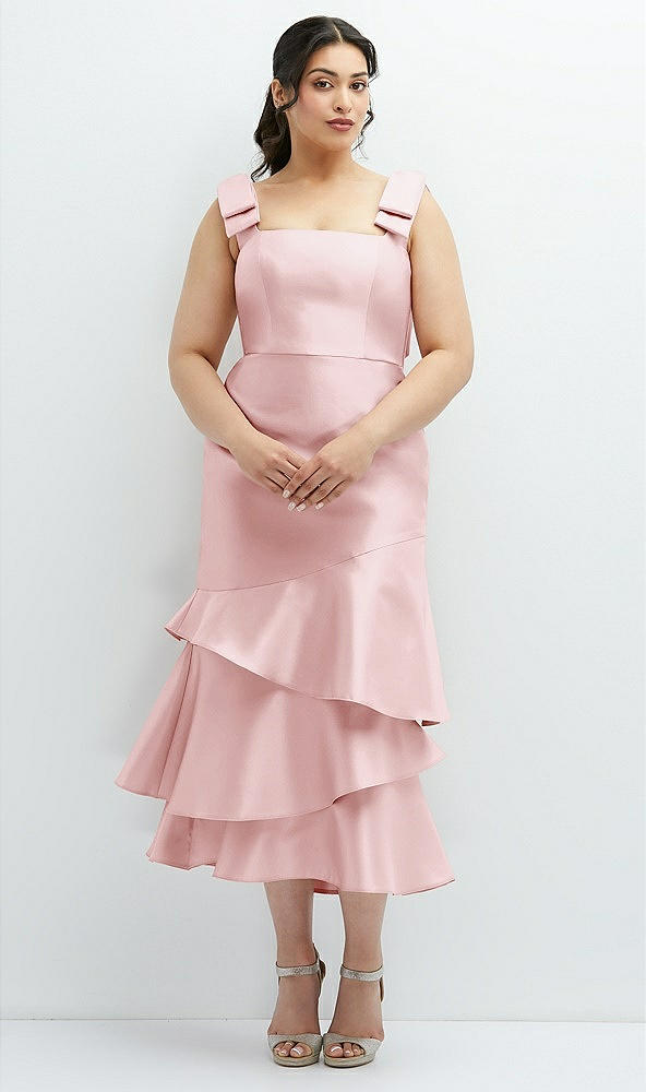 Back View - Ballet Pink Bow-Shoulder Satin Midi Dress with Asymmetrical Tiered Skirt