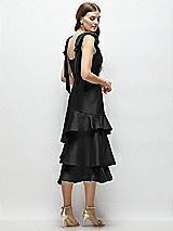 Alt View 3 Thumbnail - Black Bow-Shoulder Satin Midi Dress with Asymmetrical Tiered Skirt