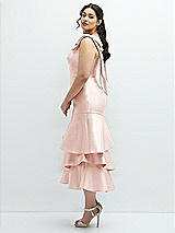 Side View Thumbnail - Blush Bow-Shoulder Satin Midi Dress with Asymmetrical Tiered Skirt