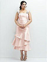 Rear View Thumbnail - Blush Bow-Shoulder Satin Midi Dress with Asymmetrical Tiered Skirt