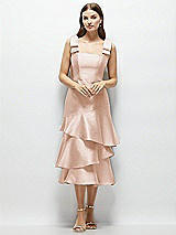 Alt View 1 Thumbnail - Cameo Bow-Shoulder Satin Midi Dress with Asymmetrical Tiered Skirt