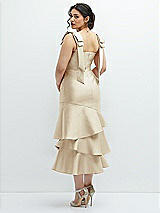 Front View Thumbnail - Champagne Bow-Shoulder Satin Midi Dress with Asymmetrical Tiered Skirt