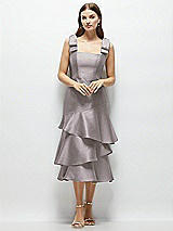 Alt View 1 Thumbnail - Cashmere Gray Bow-Shoulder Satin Midi Dress with Asymmetrical Tiered Skirt