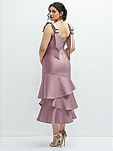 Front View Thumbnail - Dusty Rose Bow-Shoulder Satin Midi Dress with Asymmetrical Tiered Skirt