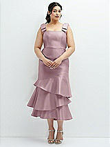 Rear View Thumbnail - Dusty Rose Bow-Shoulder Satin Midi Dress with Asymmetrical Tiered Skirt