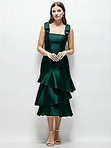 Alt View 1 Thumbnail - Evergreen Bow-Shoulder Satin Midi Dress with Asymmetrical Tiered Skirt