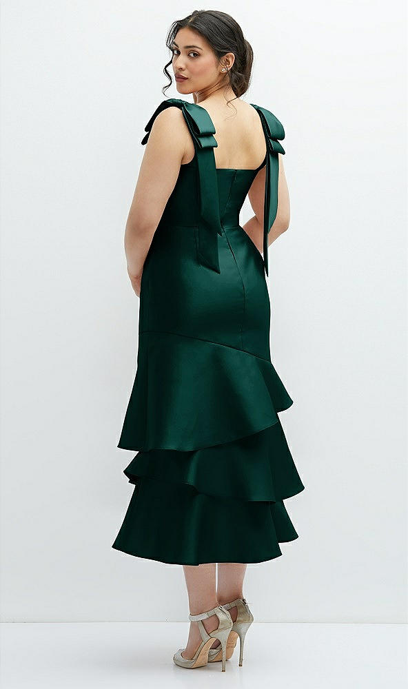 Front View - Evergreen Bow-Shoulder Satin Midi Dress with Asymmetrical Tiered Skirt