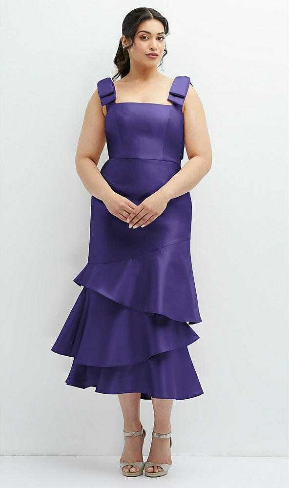 Back View - Grape Bow-Shoulder Satin Midi Dress with Asymmetrical Tiered Skirt