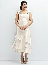 Rear View Thumbnail - Ivory Bow-Shoulder Satin Midi Dress with Asymmetrical Tiered Skirt