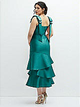 Front View Thumbnail - Jade Bow-Shoulder Satin Midi Dress with Asymmetrical Tiered Skirt