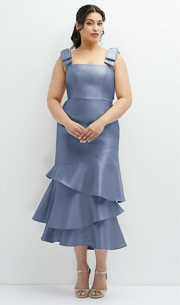 Back View - Larkspur Blue Bow-Shoulder Satin Midi Dress with Asymmetrical Tiered Skirt