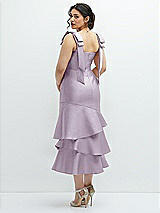 Front View Thumbnail - Lilac Haze Bow-Shoulder Satin Midi Dress with Asymmetrical Tiered Skirt