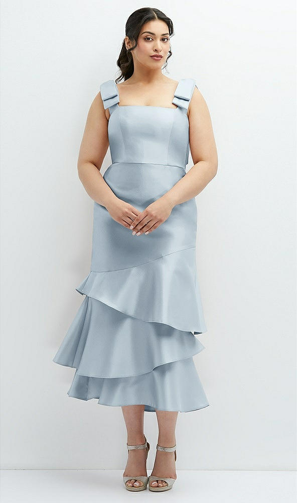 Back View - Mist Bow-Shoulder Satin Midi Dress with Asymmetrical Tiered Skirt