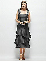 Alt View 1 Thumbnail - Pewter Bow-Shoulder Satin Midi Dress with Asymmetrical Tiered Skirt