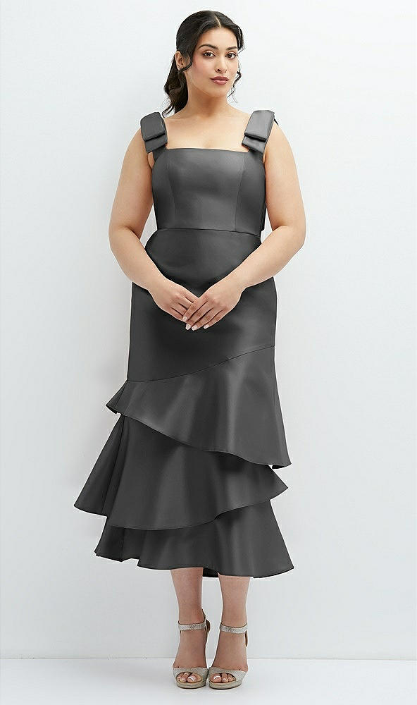 Back View - Pewter Bow-Shoulder Satin Midi Dress with Asymmetrical Tiered Skirt