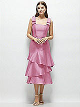 Alt View 1 Thumbnail - Powder Pink Bow-Shoulder Satin Midi Dress with Asymmetrical Tiered Skirt