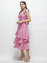 Alt View 2 Thumbnail - Powder Pink Bow-Shoulder Satin Midi Dress with Asymmetrical Tiered Skirt