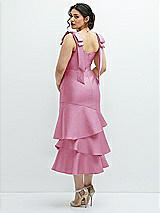 Front View Thumbnail - Powder Pink Bow-Shoulder Satin Midi Dress with Asymmetrical Tiered Skirt