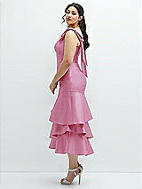 Side View Thumbnail - Powder Pink Bow-Shoulder Satin Midi Dress with Asymmetrical Tiered Skirt