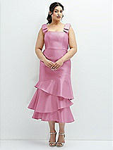 Rear View Thumbnail - Powder Pink Bow-Shoulder Satin Midi Dress with Asymmetrical Tiered Skirt