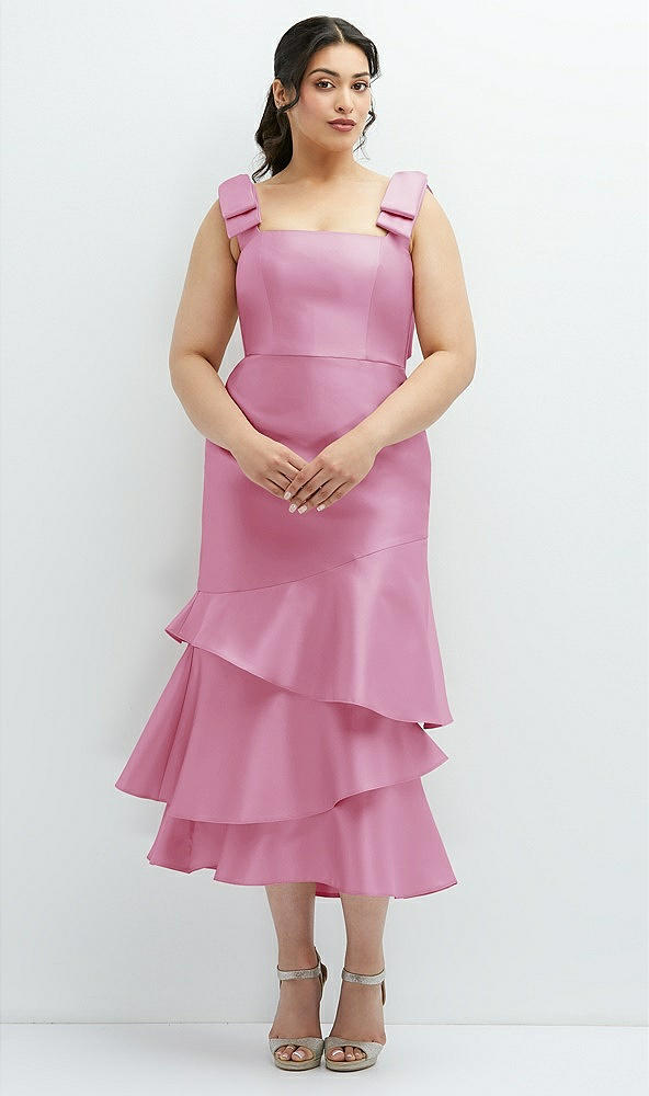 Back View - Powder Pink Bow-Shoulder Satin Midi Dress with Asymmetrical Tiered Skirt