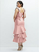 Front View Thumbnail - Rose - PANTONE Rose Quartz Bow-Shoulder Satin Midi Dress with Asymmetrical Tiered Skirt