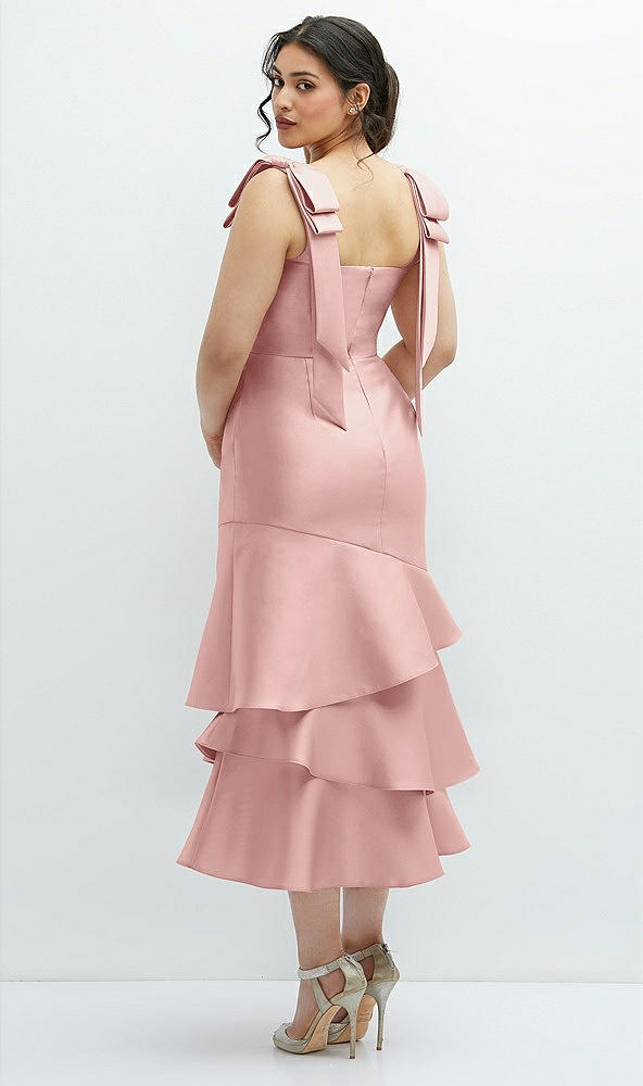 Front View - Rose - PANTONE Rose Quartz Bow-Shoulder Satin Midi Dress with Asymmetrical Tiered Skirt