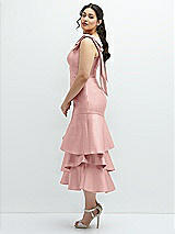 Side View Thumbnail - Rose - PANTONE Rose Quartz Bow-Shoulder Satin Midi Dress with Asymmetrical Tiered Skirt