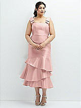 Rear View Thumbnail - Rose - PANTONE Rose Quartz Bow-Shoulder Satin Midi Dress with Asymmetrical Tiered Skirt