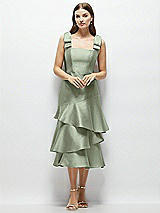 Alt View 1 Thumbnail - Sage Bow-Shoulder Satin Midi Dress with Asymmetrical Tiered Skirt