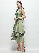 Alt View 2 Thumbnail - Sage Bow-Shoulder Satin Midi Dress with Asymmetrical Tiered Skirt