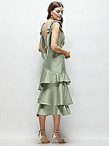 Alt View 3 Thumbnail - Sage Bow-Shoulder Satin Midi Dress with Asymmetrical Tiered Skirt