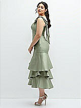 Side View Thumbnail - Sage Bow-Shoulder Satin Midi Dress with Asymmetrical Tiered Skirt