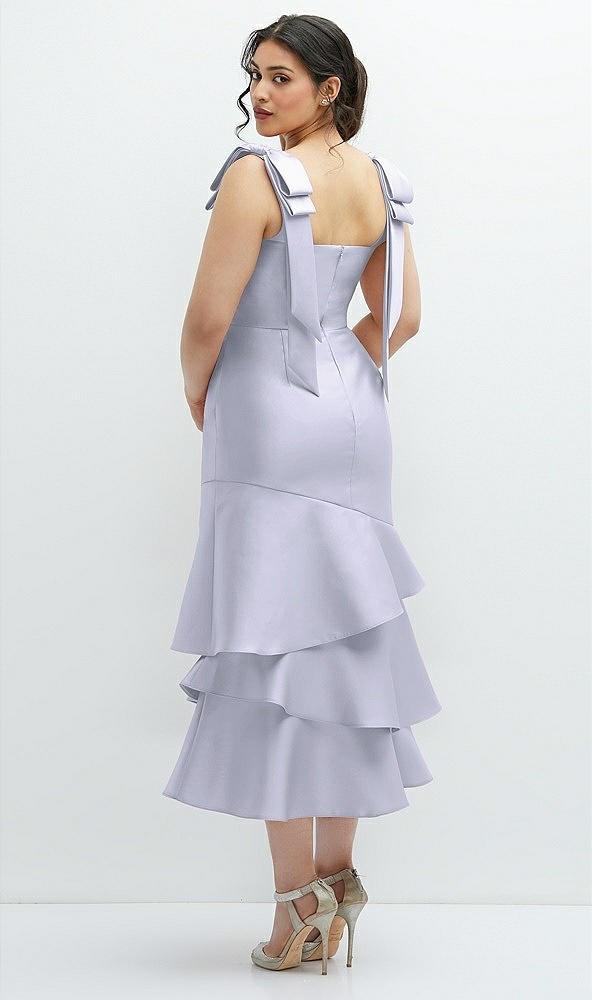 Front View - Silver Dove Bow-Shoulder Satin Midi Dress with Asymmetrical Tiered Skirt