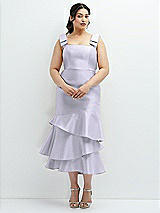 Rear View Thumbnail - Silver Dove Bow-Shoulder Satin Midi Dress with Asymmetrical Tiered Skirt