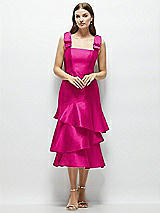 Alt View 1 Thumbnail - Think Pink Bow-Shoulder Satin Midi Dress with Asymmetrical Tiered Skirt