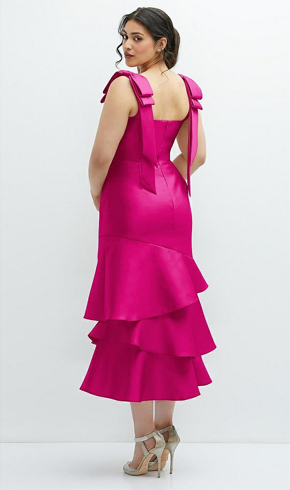 Front View - Think Pink Bow-Shoulder Satin Midi Dress with Asymmetrical Tiered Skirt