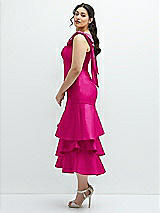 Side View Thumbnail - Think Pink Bow-Shoulder Satin Midi Dress with Asymmetrical Tiered Skirt