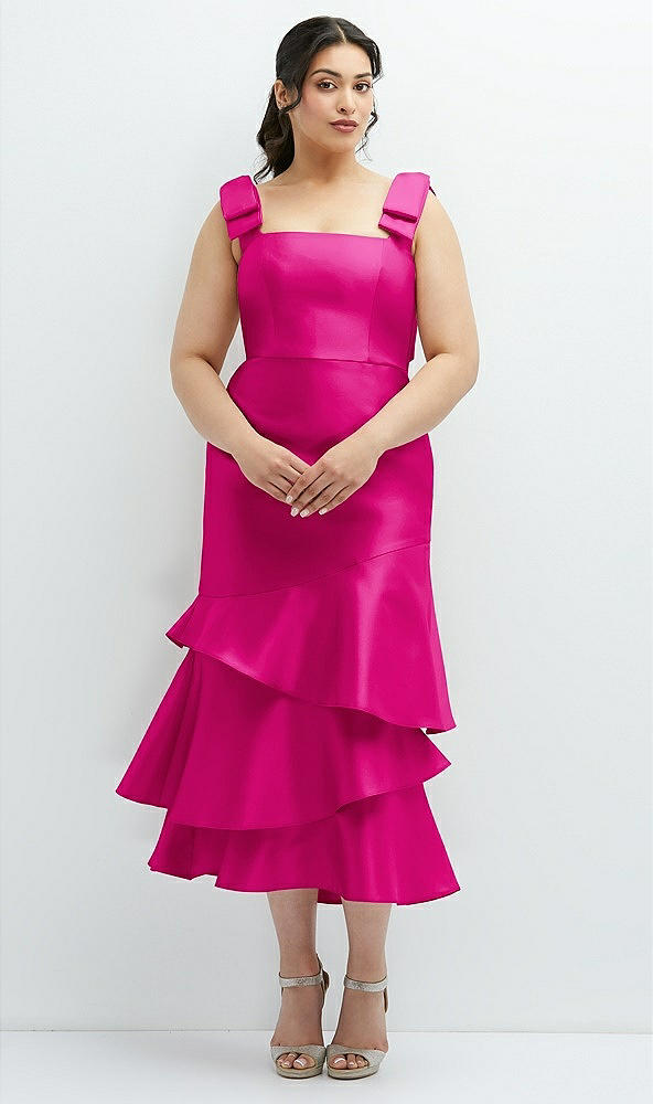 Back View - Think Pink Bow-Shoulder Satin Midi Dress with Asymmetrical Tiered Skirt