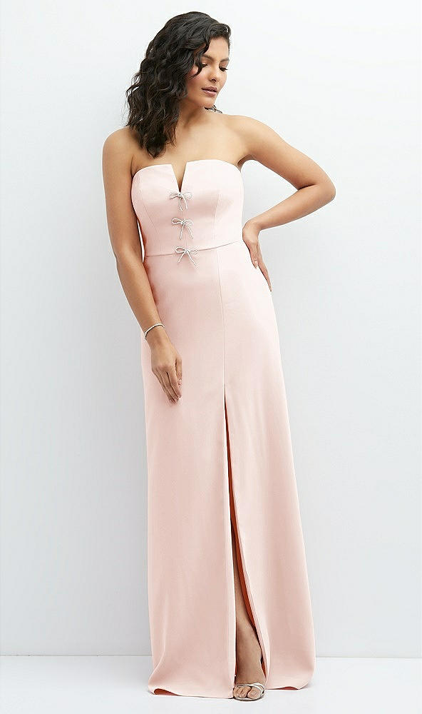 Front View - Blush Strapless Notch-Neck Crepe A-line Dress with Rhinestone Piping Bows