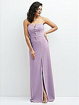 Front View Thumbnail - Pale Purple Strapless Notch-Neck Crepe A-line Dress with Rhinestone Piping Bows