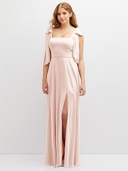 Bow Shoulder Square Neck Chiffon Maxi Dress