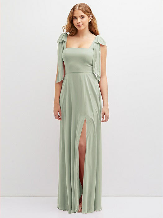 Bow Shoulder Square Neck Chiffon Maxi Dress