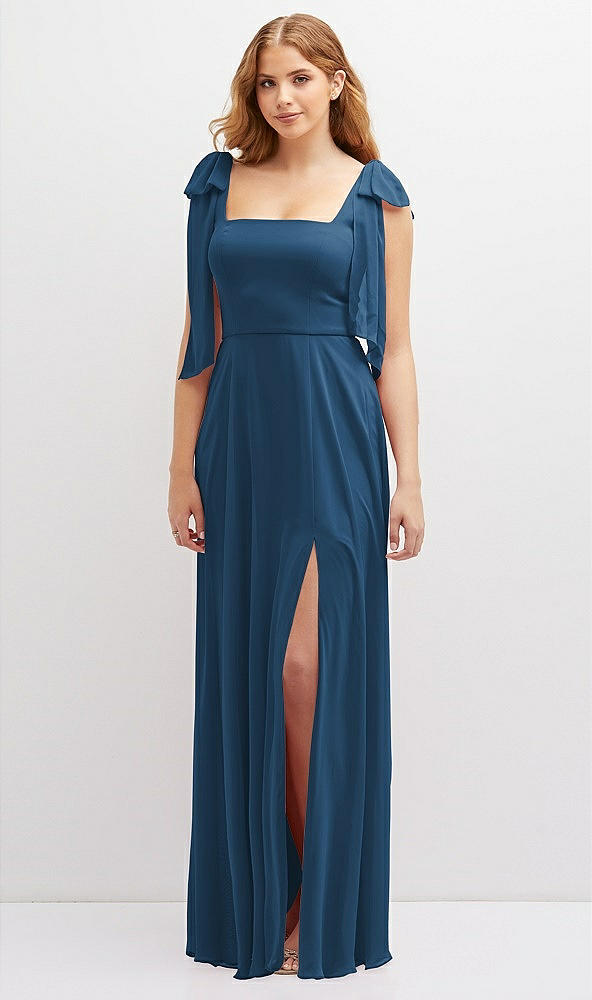 Front View - Dusk Blue Bow Shoulder Square Neck Chiffon Maxi Dress