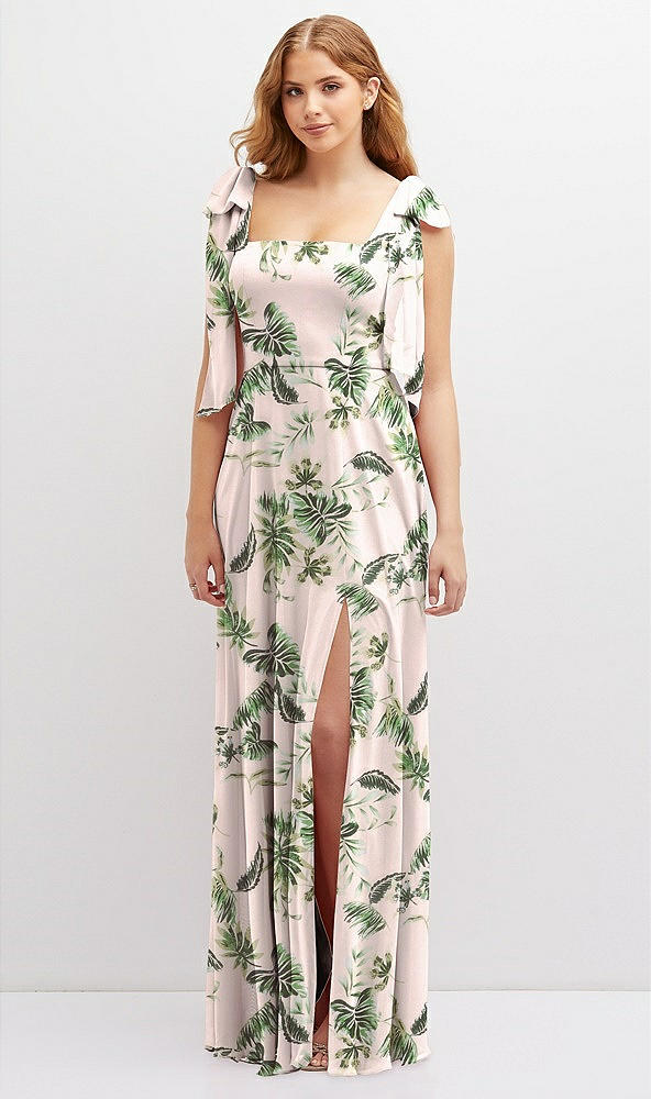 Front View - Palm Beach Print Bow Shoulder Square Neck Chiffon Maxi Dress