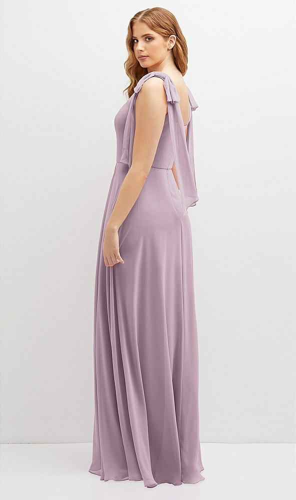 Back View - Suede Rose Bow Shoulder Square Neck Chiffon Maxi Dress