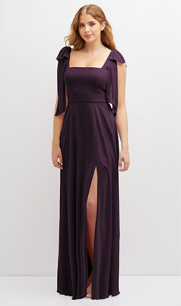 Front View - Aubergine Bow Shoulder Square Neck Chiffon Maxi Dress