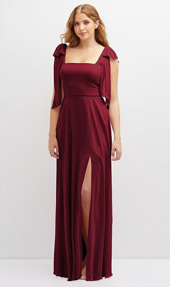 Front View - Burgundy Bow Shoulder Square Neck Chiffon Maxi Dress